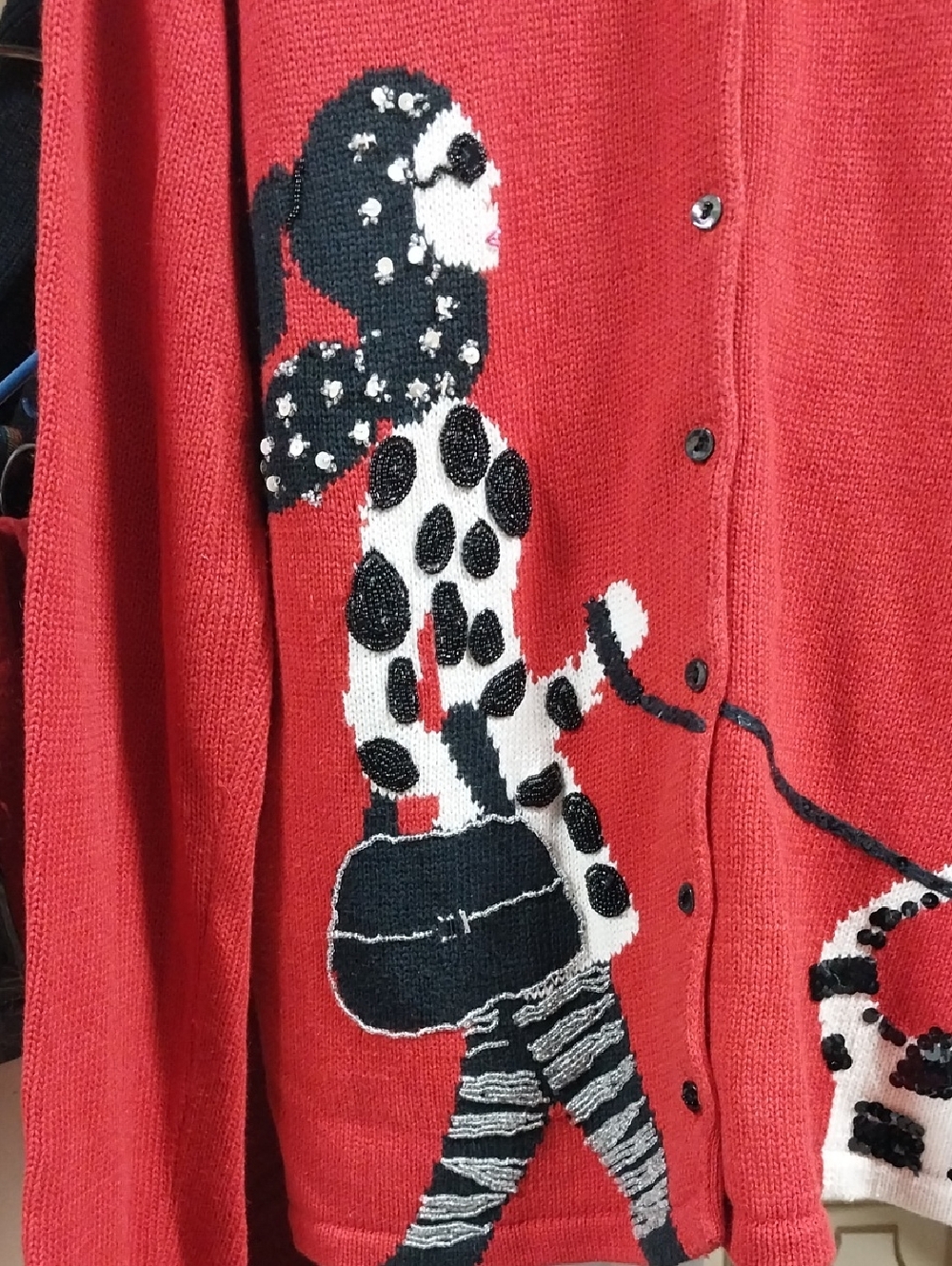 Vtg. Susan Bristol Dog Walker Red Button-Front Beaded Novelty Cardigan Sweater - Picture 3 of 8
